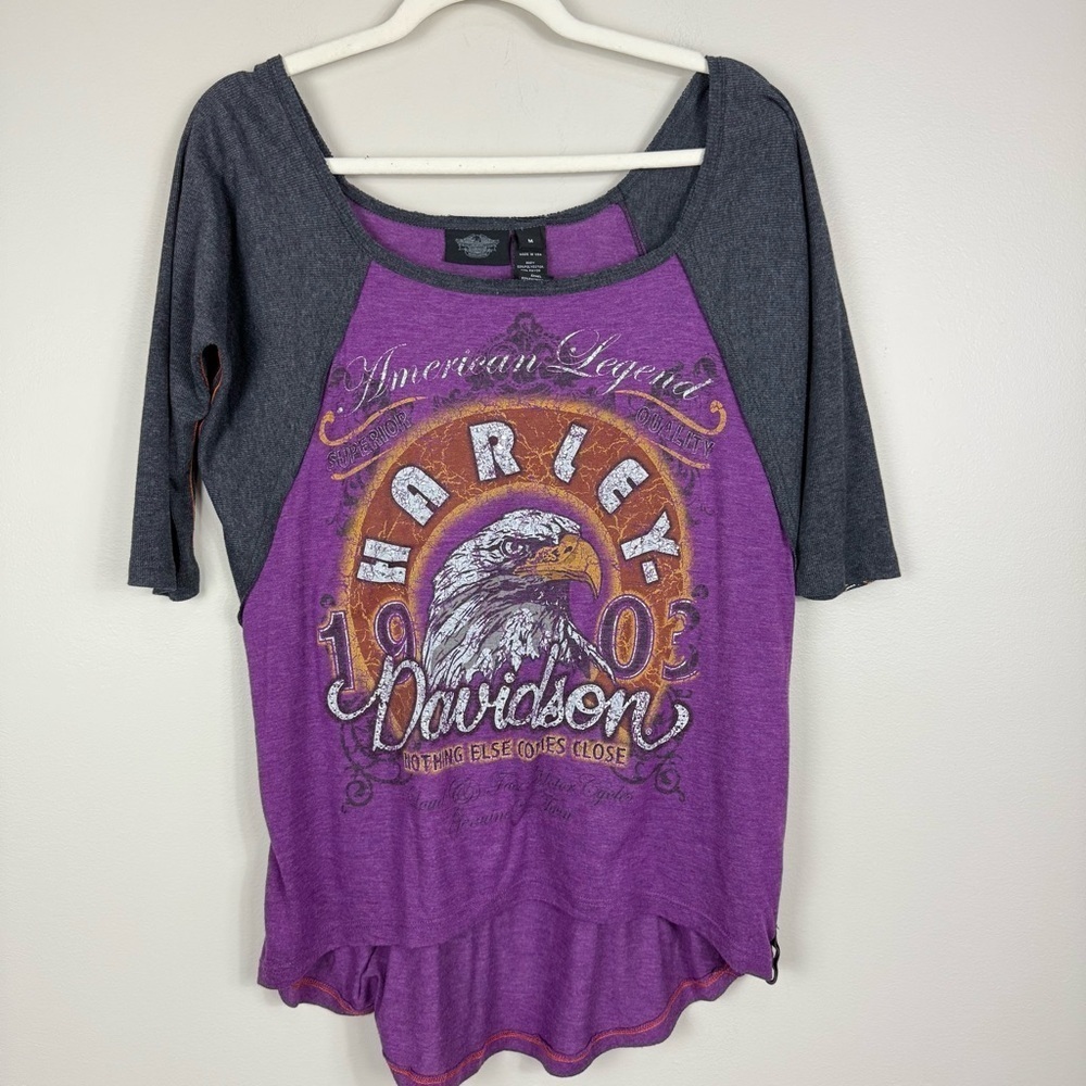 Harley Davidson Top Women Medium Cotton Purple Black Scoop Neck 3/4 Sleeve Shirt